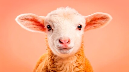 Fototapeta premium Young lamb with soft coat and curious expression against a pastel background in a studio setting