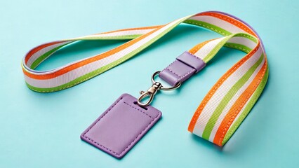 Colorful lanyard with adjustable strap and purple ID holder displayed on a light blue background
