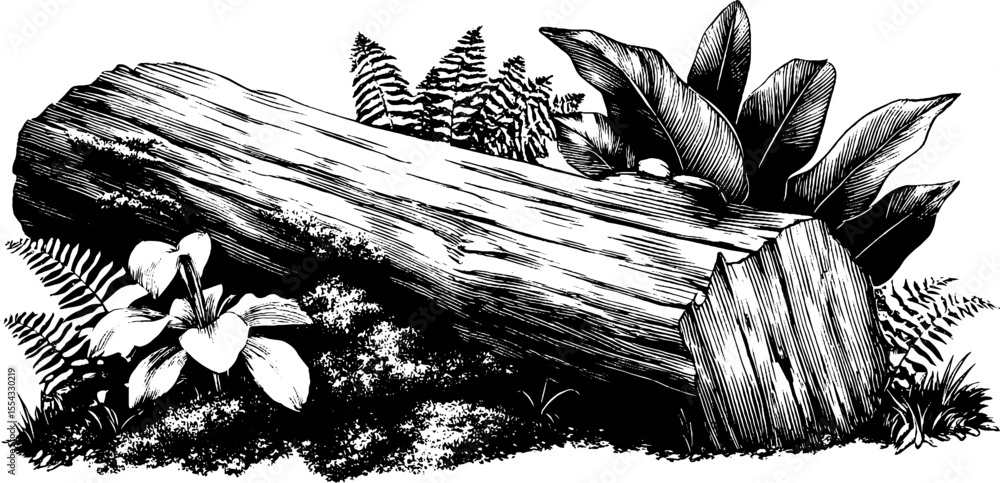 Poster rustic forest clearing with mossy log and ferns - nature inspired design for print or card