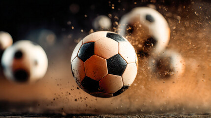 Naklejka premium Soccer balls are flying through the air, creating a dynamic scene with dust and motion, showcasing the excitement of the game and athleticism