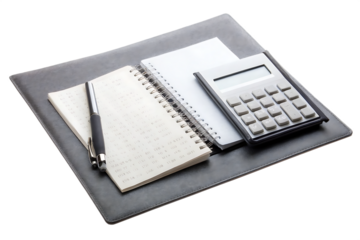 Business essentials notebook calculator pen isolated on a white background png ai generated