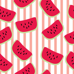 Watermelon on a striped pink background. Seamless pattern summer for clothing, fabric, wallpaper, backdrop, home decoration, cover book, and wall art.