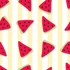 Watermelon on a striped yellow background. Seamless pattern summer for clothing, fabric, wallpaper, backdrop, home decoration, cover book, and wall art.