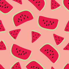 Watermelon on a pink background. Seamless pattern summer for clothing, fabric, wallpaper, backdrop, home decoration, cover book, and wall art.