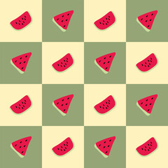 Watermelon on a green and yellow table background. Seamless pattern summer for clothing, fabric, wallpaper, backdrop, home decoration, cover book, and wall art.