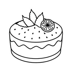 Hand-drawn cake decorated with lemon slices and leaves silhouette isolated on white background