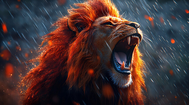 Majestic lion roaring amidst a dramatic rainstorm, showcasing its fierce beauty in nature - Powered by Adobe