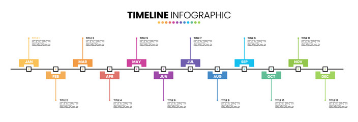 Timeline calendar infographic template 12 months, 1 year. Presentation elements with 12 options or steps.	