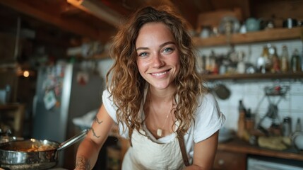 A joyful chef with curly hair smiles brightly while preparing a delicious meal in a rustic kitchen filled with warm light, showcasing culinary creativity and passion.