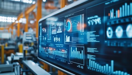 Large Digital Display Showing Data Visualizations and Graphs in Industrial Factory – Business Analytics for Warehouse Management