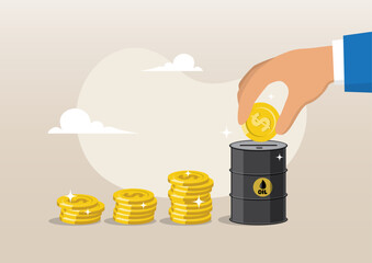 oil barrels on stacks of coins. Decrease in price of crude oil
