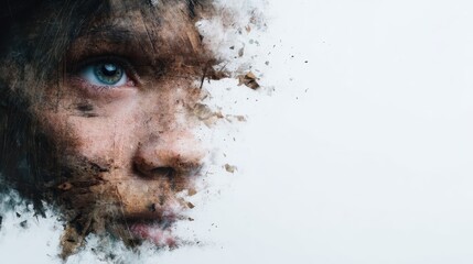 An artistic representation of a face merging with abstract textures, evoking emotions of mystery, introspection, and the human experience in a captivating way.