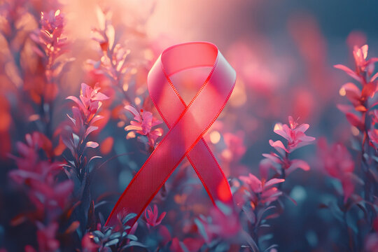 World AIDS Day. Red ribbon in a field of flowers as a symbol of support.