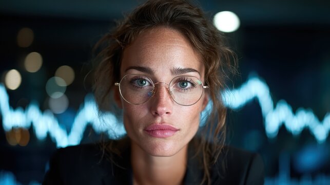 A captivating portrait of a professional woman displaying deep concentration, her focused gaze reflecting determination and confidence in a business environment.
