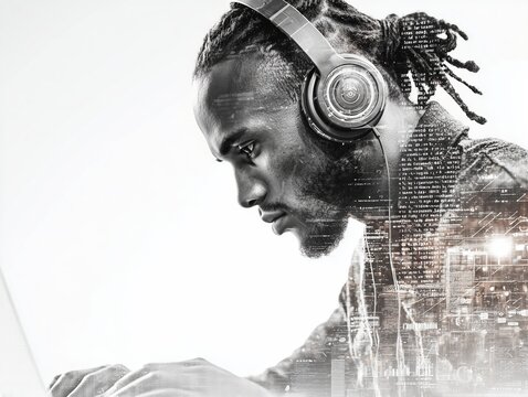 Young African American man wearing headphones is focused on laptop, immersed in digital world, with overlay of city lights and data, illustrating modern technology and creativity in action