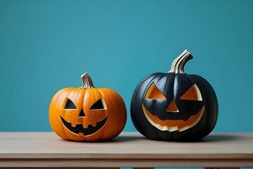 Happy Halloween Pumpkins on Wooden Table with Teal Background