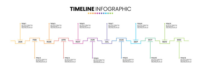 Outline timeline infographic presentation template 12 options or steps. 12 month or 1 year calendar infographic template