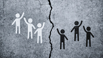 Cracked Wall Dividing White and Black Human Figures - Division and Conflict Concept