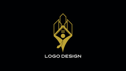 Golden abstract real estate logo on black background featuring a modern architectural shape, ideal for property businesses, construction firms, and urban branding identity