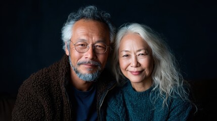 An affectionate and heartwarming portrait of an elderly couple, radiating joy and love as they share a moment together, showcasing their wisdom and enduring connection.