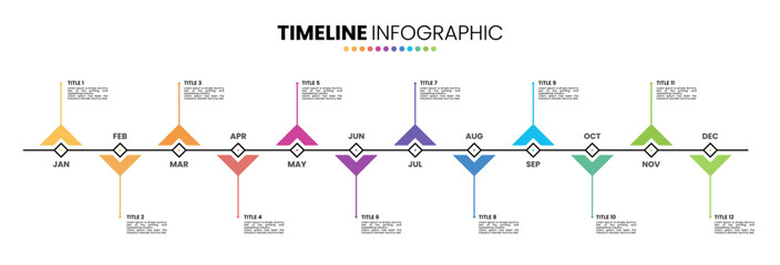 Triangle timeline infographic presentation template 12 options or steps. 12 month or 1 year calendar infographic template