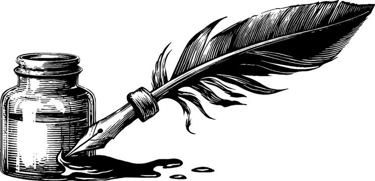 Vintage ink bottle and quill in motion sketch for retro design