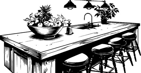 Vintage kitchen island with pendant lights and fruit bowl illustration