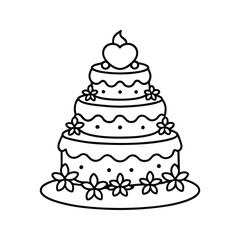 Hand-drawn tiered cake with floral accents and ornate details silhouette isolated on white background