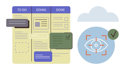 Task board with columns for To Do, Doing, and Done, alongside focus icon and checkmark. Ideal for efficiency, project management, targets, workflow, task tracking organization simple flat metaphor © robu_s