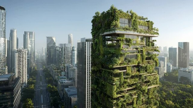 Explore a stunning vertical garden nestled among towering skyscrapers. This green marvel showcases innovative architecture and nature's beauty, creating harmony in urban living.