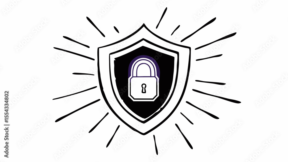 Poster illustration of a security shield with a padlock inside and radiating lines around it created with g