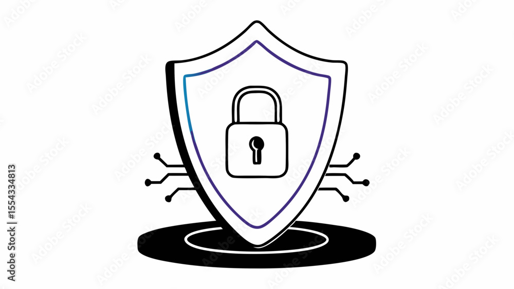 Poster illustration of a shield with a padlock inside and circuit connections on a black platform created w