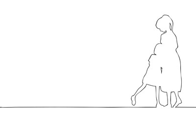 寄り添う親子（お母さんと女の子）の線画イラスト