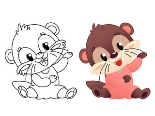 Cute cartoon character otter, one in outline and one in color, sitting and smiling and waving his paws. The otter has a brown body and a pink costume. Vector illustration