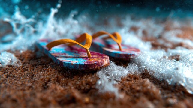 A vibrant pair of flip-flops resting on wet sand, showcased by crashing waves, capturing a moment of summer bliss and carefree beach life that evokes fun and relaxation.