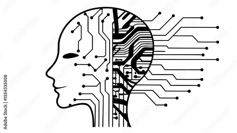 Poster human head outline with circuit board pattern representing artificial intelligence concept art desig