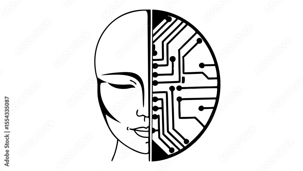 Poster abstract depiction of human face merged with circuit board in a circular black and white design crea