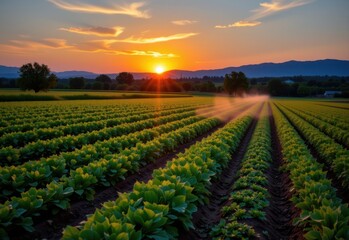 a peaceful field at dusk, smart irrigation for small farmers maintaining perfect moisture while farmers enjoy the sunset.