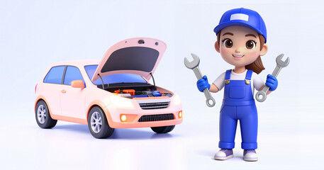 車の修理・点検はお任せ！笑顔の女性整備士が案内する安心カーライフ。自動車メンテナンス、車検、故障診断、ロードサービス、中古車点検、初心者向けガイドに使える、親しみやすい高品質イラスト素材。ディーラー、修理工場、ガソリンスタンド、自動車学校、保険会社の広告、ウェブサイト、ブログ、パンフレットに最適。