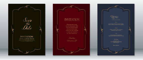 Elegant set of wedding invitation and menu cards featuring golden decorative frames on dark black, burgundy, and navy blue backgrounds. Perfect for formal, luxury, and classic wedding themes.