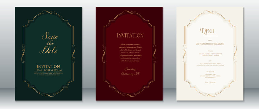 Stylish wedding invitation and menu card set with golden frames on dark green, burgundy red, and cream backgrounds. Perfect for vintage, luxury, and classic wedding themes.