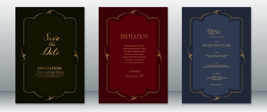 Elegant set of wedding invitation and menu cards featuring golden decorative frames on dark black, burgundy, and navy blue backgrounds. Perfect for formal, luxury, and classic wedding themes.