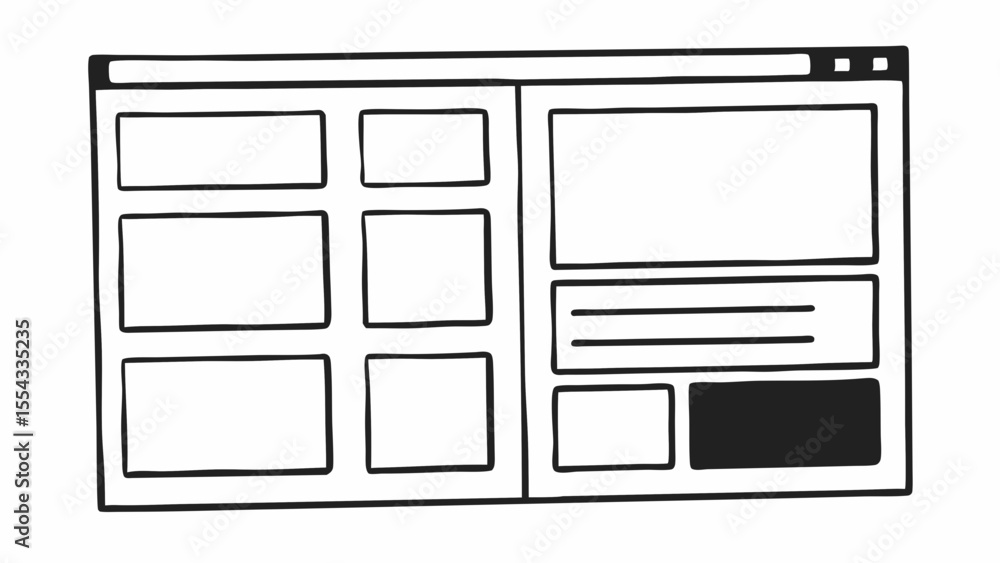 Poster illustration of a website layout with various content blocks and a dark colored button element creat