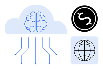 Brain integrated into cloud, digital lines showing data flow, globe for global reach, and dollar sign for financial connectivity. Ideal for technology, AI, finance, global commerce, networking cloud