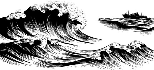 Ocean wave crest and foam with distant ship - nautical design for posters
