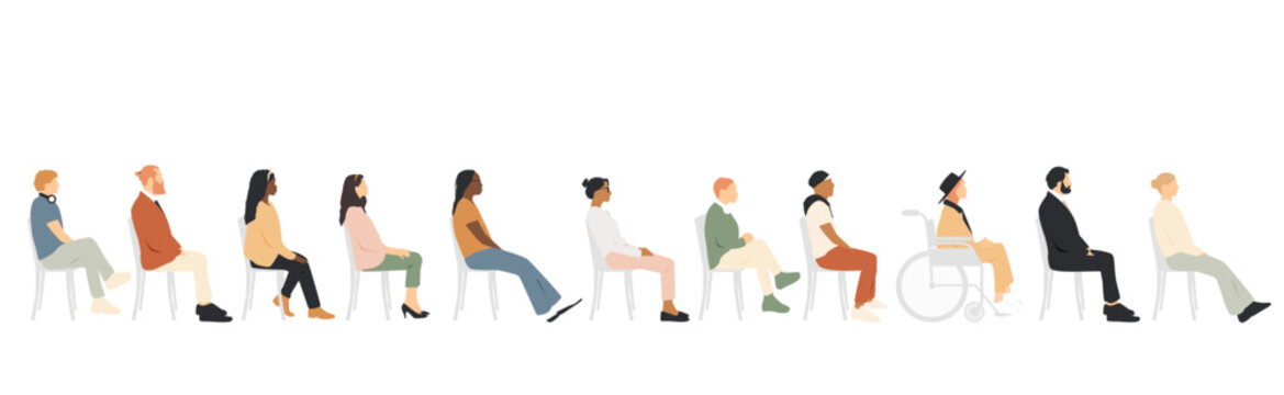 Different people sitting, side view.
