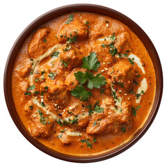 Overhead shot of creamy Chicken Tikka Masala in a rustic brown bowl, garnished with fresh parsley and sesame seeds; rich, vibrant, and appetizing Indian cuisine.