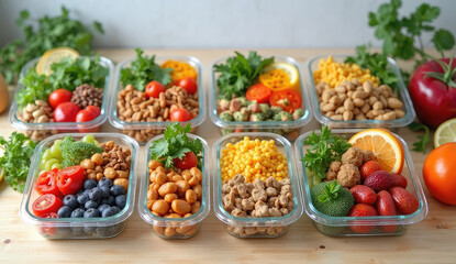 Colorful Healthy Meal Prep Containers with Variety of Foods