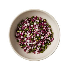 Diced red onions and green chili peppers fill a bowl, ingredients are freshly prepared for cooking and food preparation against a transparent background.
