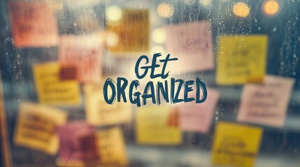 Encouraging text "Get Organized" overlaying a soft-focus office space, used for promoting time management and workflow tips.